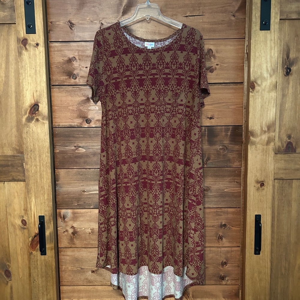 LuLaRoe “Carly” High Low Dress in Burgundy and Tan
